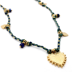 Navy Green Thread Heart Necklace