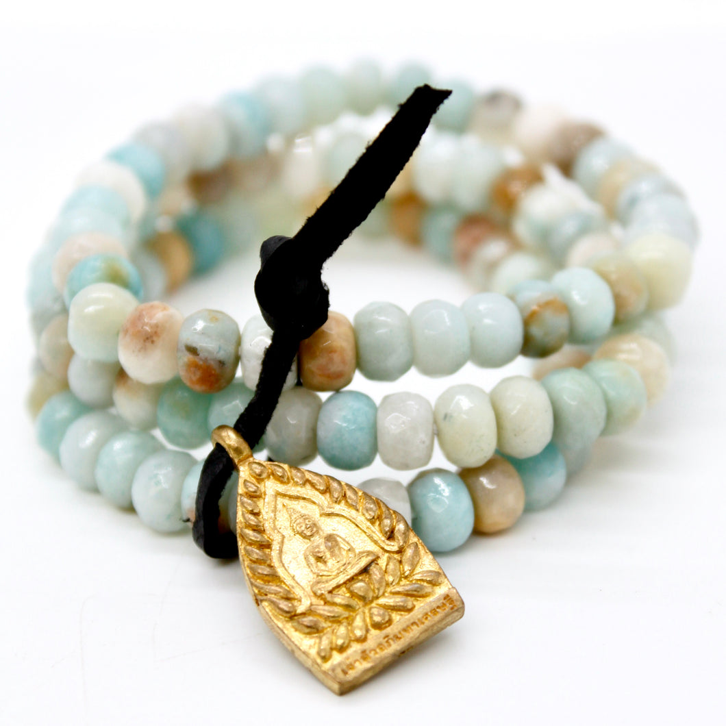 Faceted Amazonite Reversible Gold Buddha Charm Bracelet -Buddha Collection-