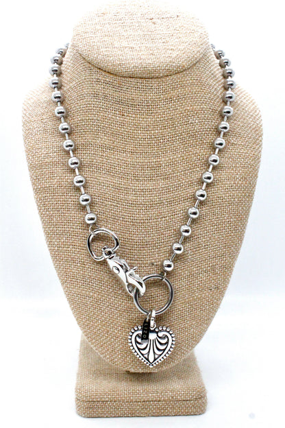 Fleur De Lis Heart Charm Necklace Single Silver Chain Claw Clasp