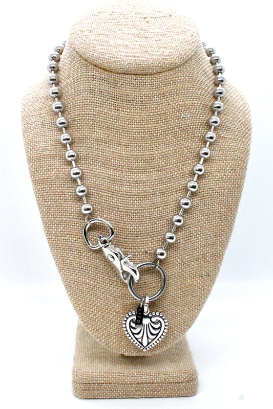 Fleur De Lis Heart Charm Necklace Single Silver Chain Claw Clasp