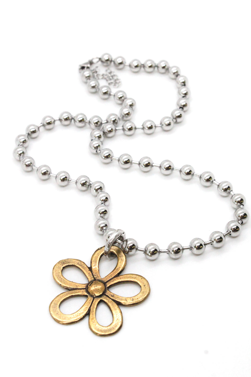 Single Silver Ball Chain Necklace with Small Brass Daisy Charm -The Classics Collection-