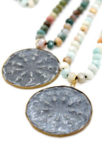 Load image into Gallery viewer, Patina Carved Dharma Wheel 18K Gold Charm Pendant Hand Knotted Stone Necklace
