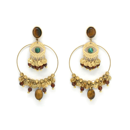 Tiger's Eye and Malachite Evil Eye Dangle Earrings - E4-312
