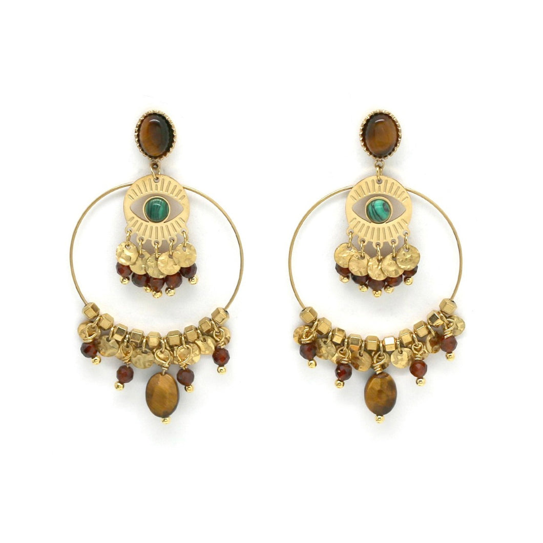 Tiger's Eye and Malachite Evil Eye Dangle Earrings - E4-312