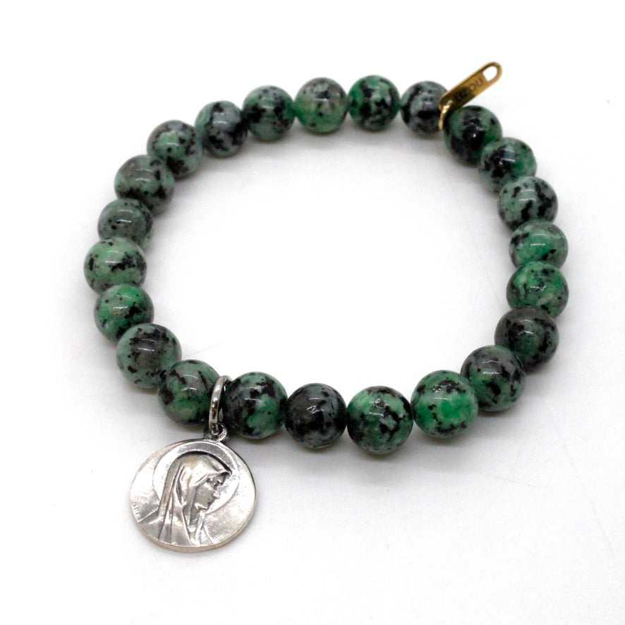 Stretch Semi Precious Stone Bracelet with Sterling Saint Charms -French Medals Collection-