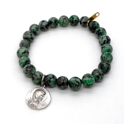 Stretch Semi Precious Stone Bracelet with Sterling Saint Charms -French Medals Collection-