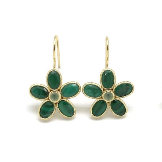 Malachite Stone Flower Dangle Earrings- E4-339