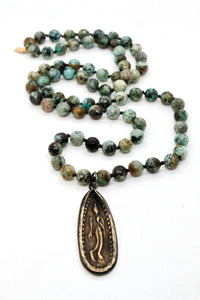 Long Buddha Charm Necklace on Pyrite or African Turquoise -Buddha Collection-