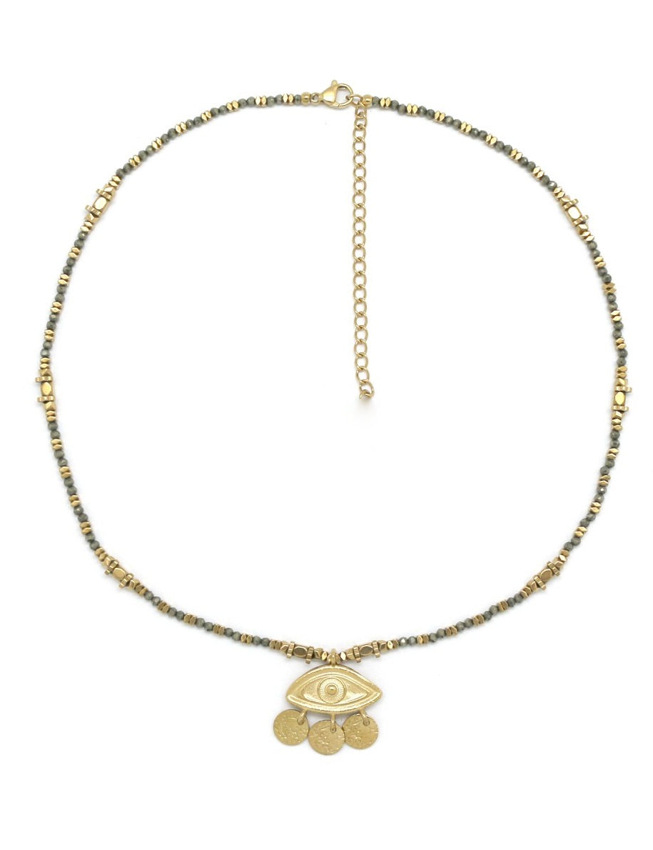 Gold Evil Eye Pendant Pyrite Necklace - N2-2586