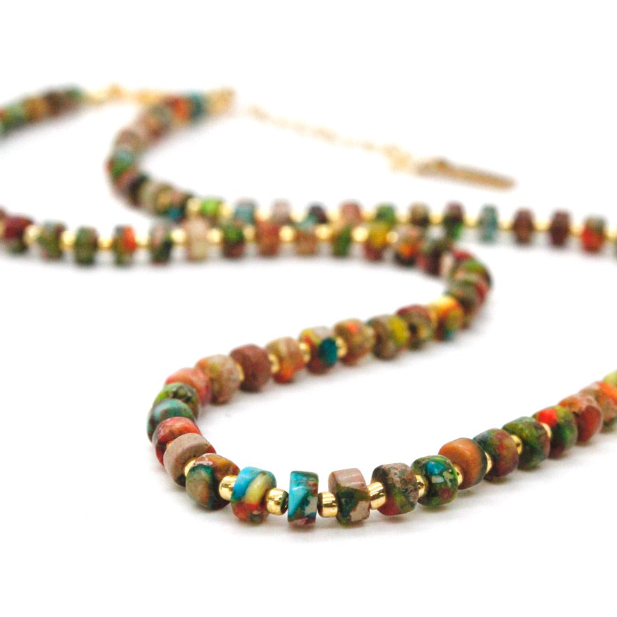 Multi Color Jasper and Gold Short Beaded Necklace