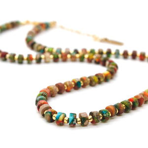 Multi Color Jasper and Gold Short Beaded Necklace