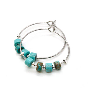 Natural Turquoise Silver Hoop Earrings E7-007S -Stone Collection-