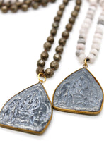 Load image into Gallery viewer, Patina Carved 18K Gold Charm Pendant Hand Knotted Stone Necklace
