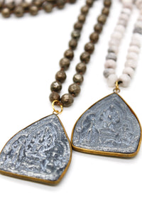 Patina Carved 18K Gold Charm Pendant Hand Knotted Stone Necklace