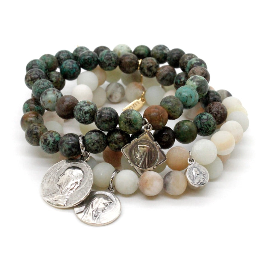 Stretch Semi Precious Stone Bracelet with Sterling Saint Charms -French Medals Collection-