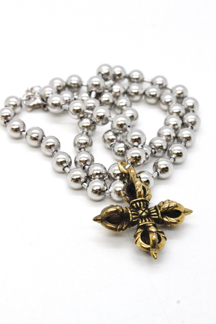 Single Silver Ball Chain Necklace with Lucky Brass Cross N2-S1023 -The Classics Collection-