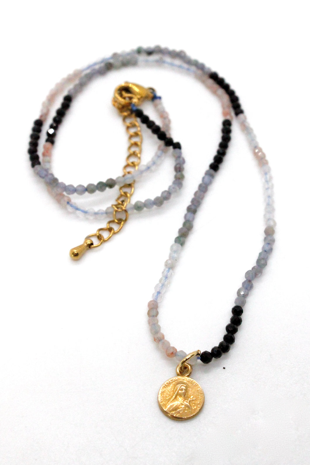 Mini Faceted Stone Necklace with Religious Gold Charm -French Medals Collection-