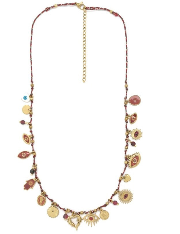 Multi Mini Charms Dark Rust String Necklace - N2-2644B
