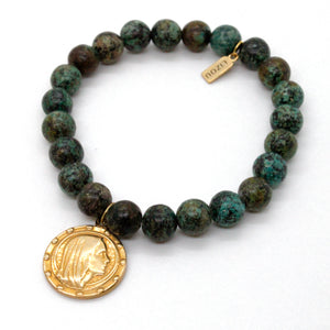 Single Stone Bracelet with Gold French Religious Charm -French Medals Collection-