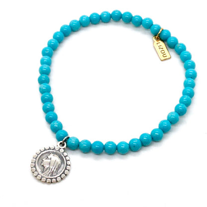Turquoise Stone Stretch Bracelet with Sterling French Medal Charm -French Medals Collection-