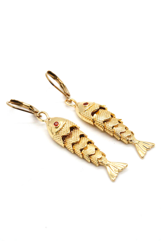Large Articulated Gold Fish Earrings - E4-267l