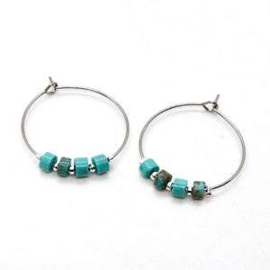 Natural Turquoise Silver Hoop Earrings E7-007S -Stone Collection-