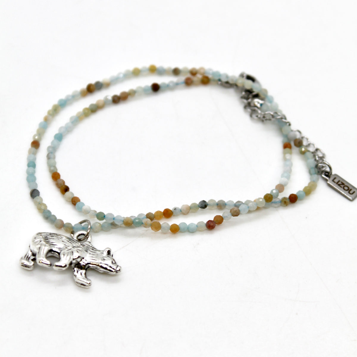 Silver Bear Mini Stone Gold Charm Necklace