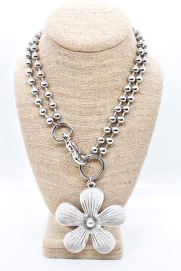 Large Flower Pendant Convertible Silver Chain Necklace