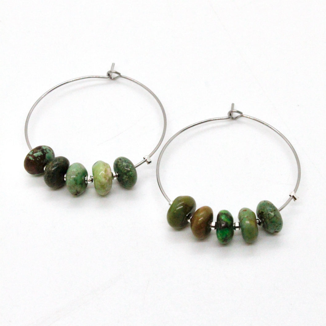 African Turquoise Silver Hoop Earrings E7-010 -Stone Collection-