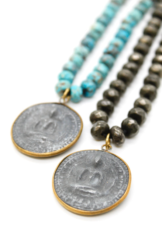 Patina Carved Sitting Buddha 18K Gold Charm Pendant on Stone Knotted Necklace