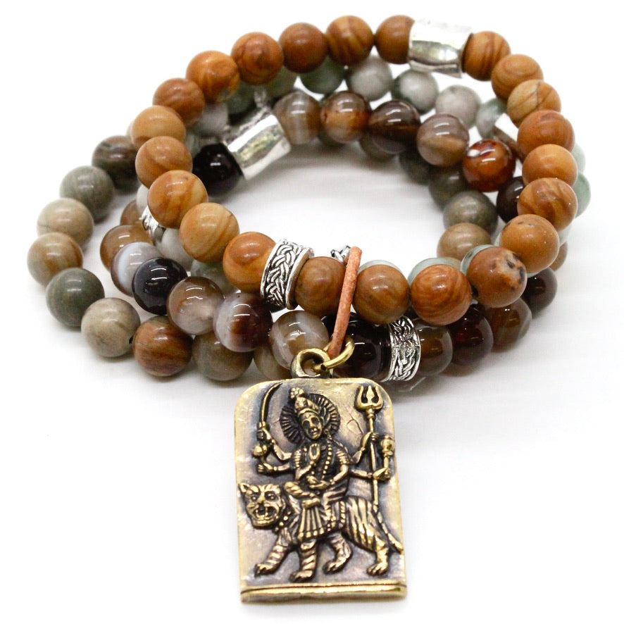 Chunky Stone Bracelet with Silver Durga Deity Pendant -The Buddha Collection- BL-M40-GL