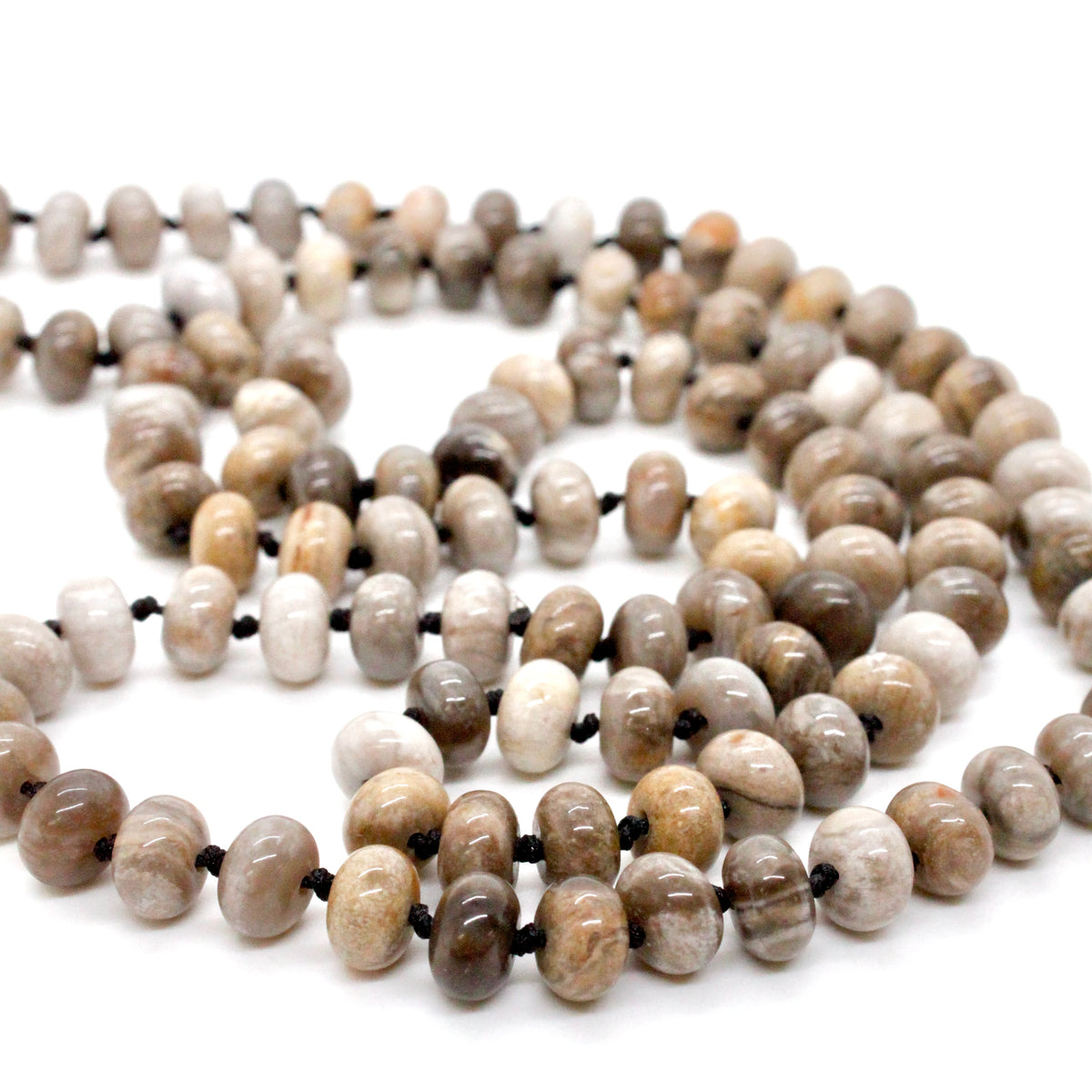 Hand-Knotted Long Silver Leaf Jasper Bead Necklace - NL-SLJ