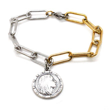 Load image into Gallery viewer, Two Tone Silver and Gold Bracelet with Sterling Saint Charm -French Medals Collection-
