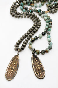 Long Buddha Charm Necklace on Pyrite or African Turquoise -Buddha Collection-