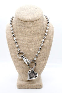 Double Sided Dotted Heart Pendant Convertible Silver Chain Necklace