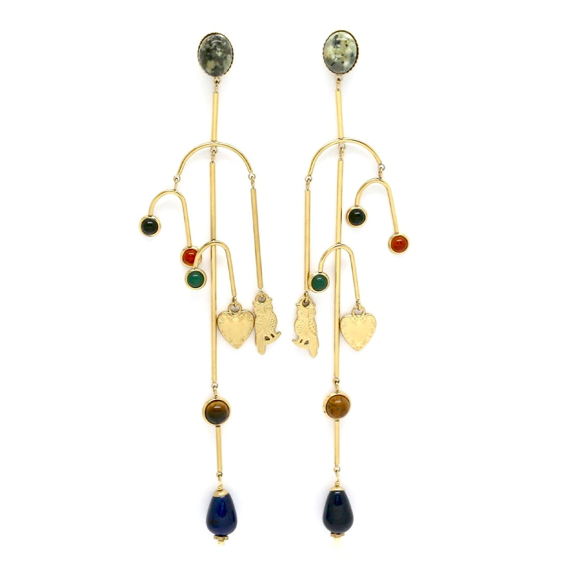 Museum Style Heart and Owl Stone Mobile Earrings - E4-305
