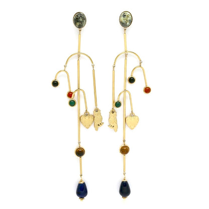 Museum Style Heart and Owl Stone Mobile Earrings - E4-305