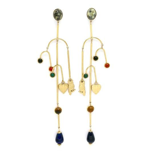 Museum Style Heart and Owl Stone Mobile Earrings - E4-305