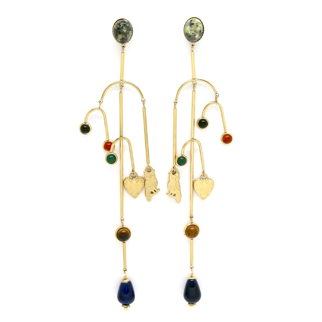 Museum Style Heart and Owl Stone Mobile Earrings - E4-305