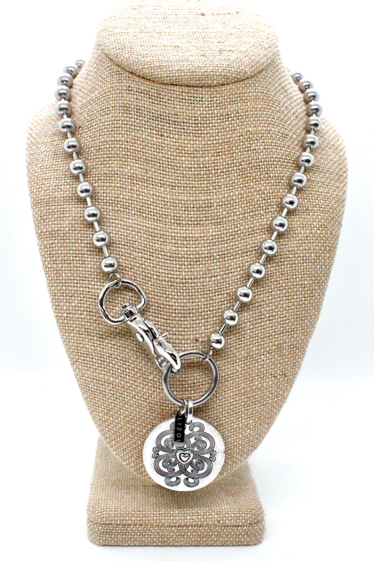 Heart Design Disc Single Silver Chain Claw Clasp