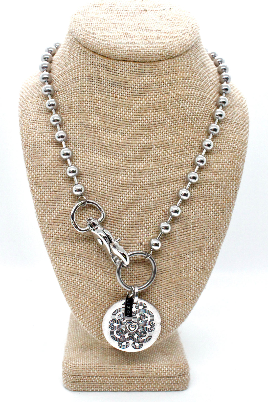 Heart Design Disc Single Silver Chain Claw Clasp