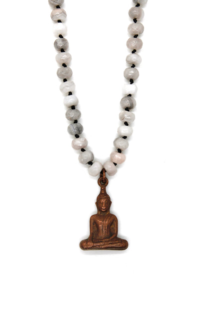 Copper Sitting Buddha on White Lace Agate Knotted Necklace