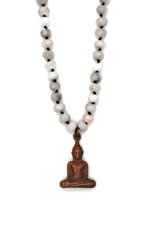 Copper Sitting Buddha on White Lace Agate Knotted Necklace