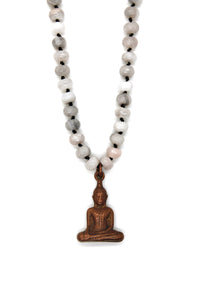 Copper Sitting Buddha on White Lace Agate Knotted Necklace