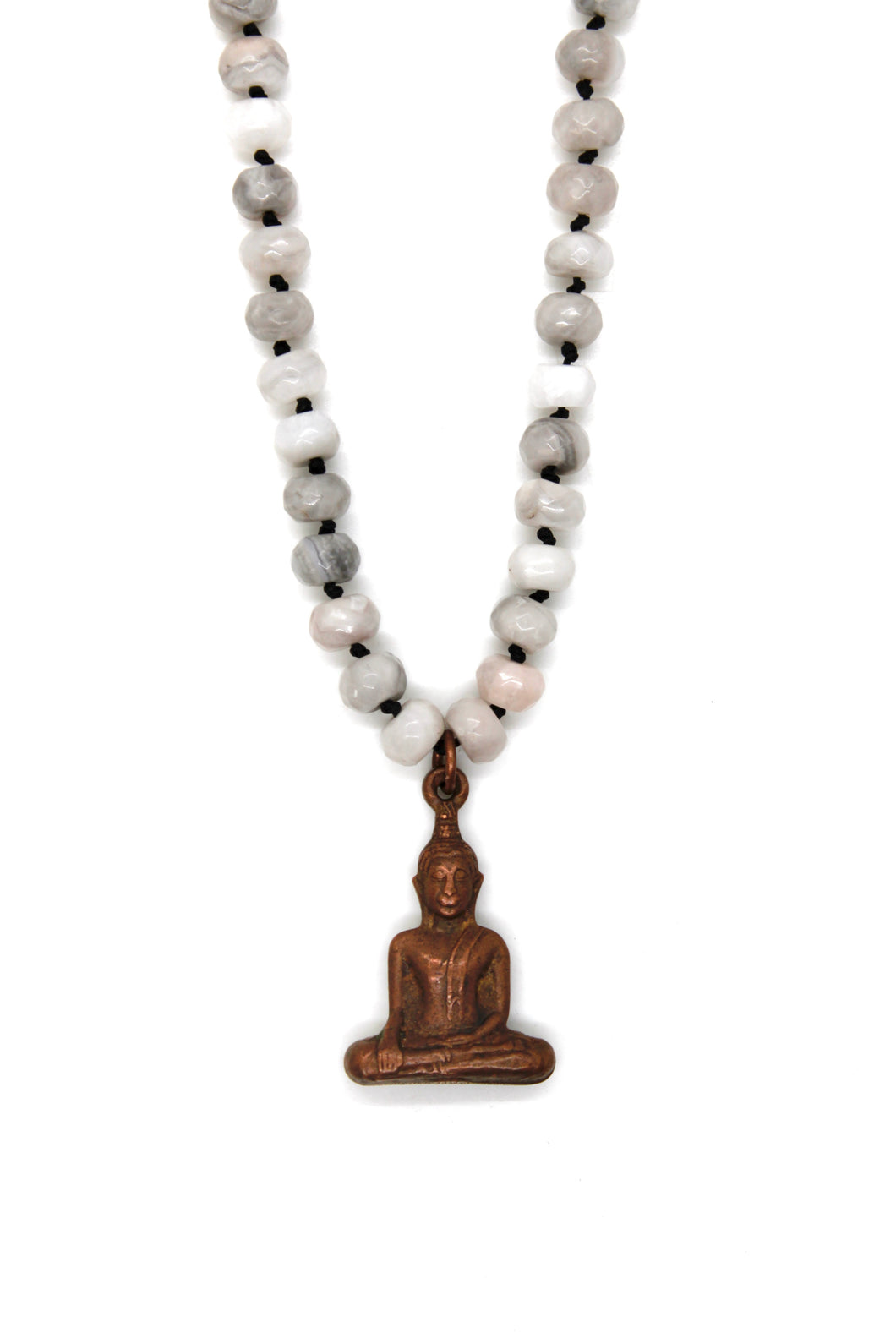 Copper Sitting Buddha on White Lace Agate Knotted Necklace