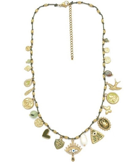 Multi Mini Charms Sage String Necklace - N2-2645