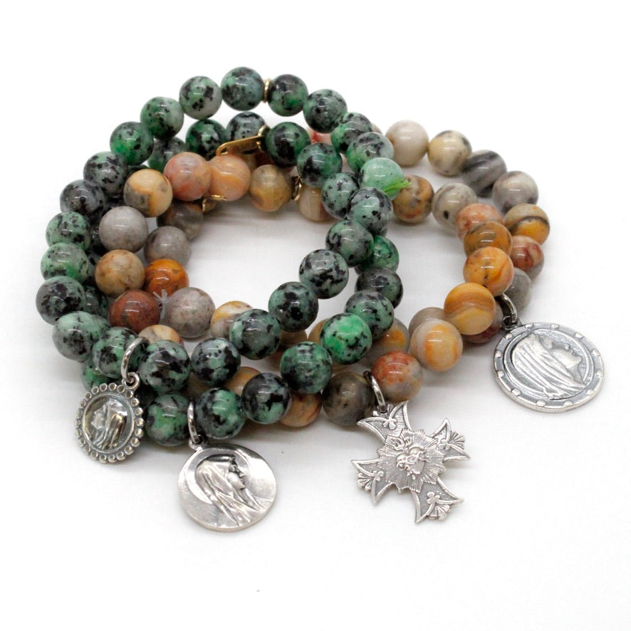 Stretch Semi Precious Stone Bracelet with Sterling Saint Charms -French Medals Collection-