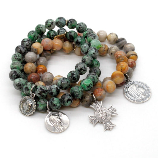 Stretch Semi Precious Stone Bracelet with Sterling Saint Charms -French Medals Collection-
