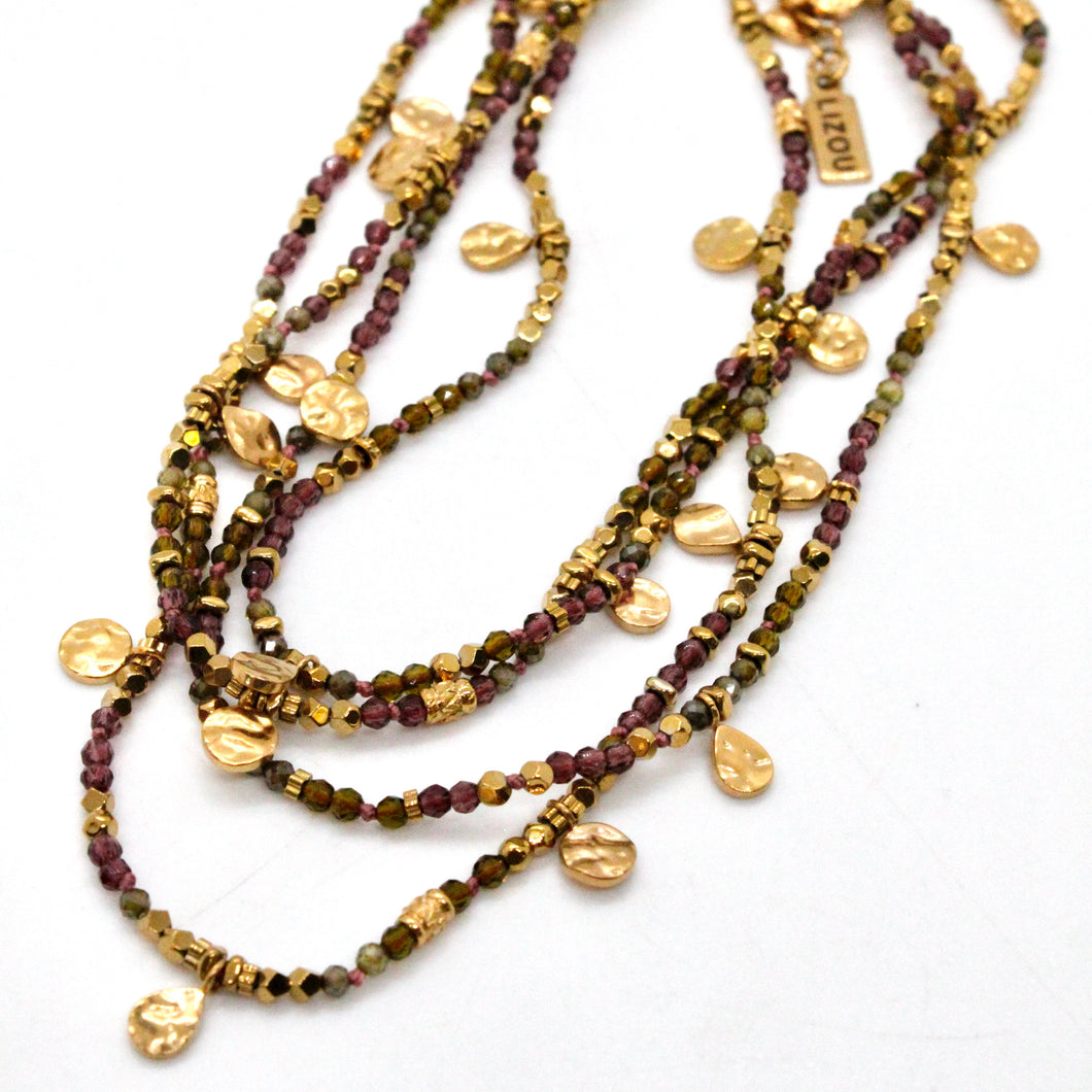 Multi Stone Mix and Mini Gold Coin Wrap Necklace - N2-2617E