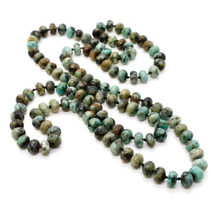 Hand-Knotted Long African Turquoise Rondelle Bead Necklace